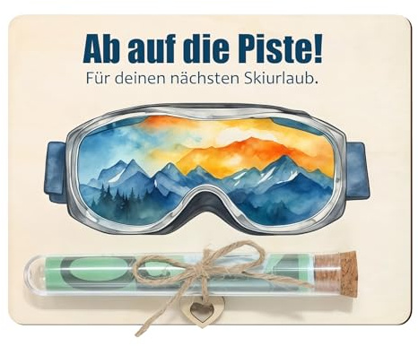 Skifahren Geldgeschenke, Geldgeschenk Skifahrer - 13 x 10 cm - mit Reagenzglas, Geschenkidee aus Holz Skifahren Geschenke für Männer, Originelles Geldgeschenk für Geburtstag Familie Freund Kollege