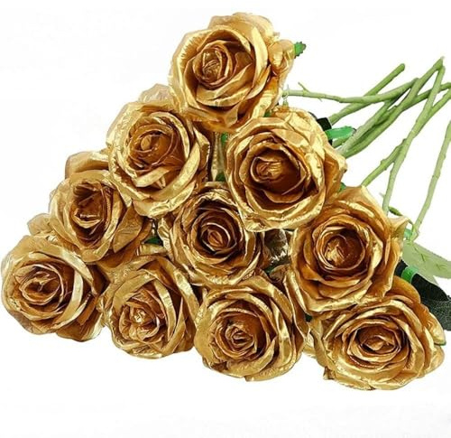 10 Pcs Artificial Roses, Gold Fake Roses Artificial Flowers, with Stems Fake Artificial Gold Roses Silk Flowers, for Home Garden Party Hotel Office Decor
