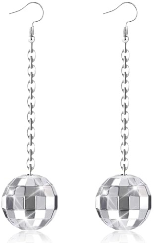 Discokugel Ohrringe, MirrorBall Earrings, Lustige Ohrringe, 80er Jahre Disco Kugel Ohrringe, für Damen Und Mädchen Retro Disco Motto Party Kostüm Zubehör (Silber) (B)
