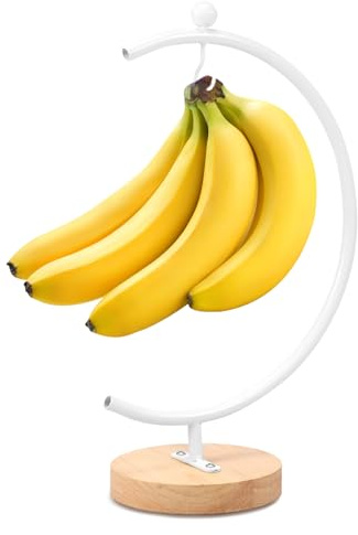 ATopoler Banana Holder Stand,Banana Keeper Fresh Fruit Storage,Sleek and Sturdy Design Banana Holder to Keep Fresh,Stainless Steel&Wooden Base (White)