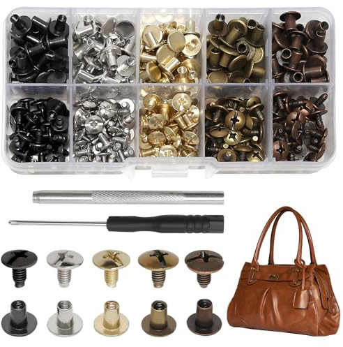 Rivets,Tadpolez Lot de 150 Rivets Cuir, Vis Chicago M5*8mm | avec 5 Couleurs (30 pièces/couleur) pour Réparation de Cuir, Ceintures, Livres, Scrapbooking, Décoration DIY