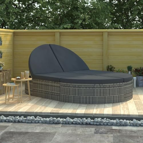 IBUQDDV Doppel-Sonnenliege mit 6 Kissen aus PE-Rattan und Stahlrahmen in Grau, Outdoor-Liege mit Verstellbarer Rückenlehne und abnehmbaren Polstern für Garten und Terrasse,
