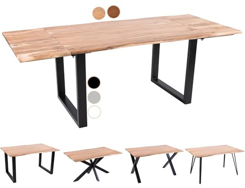 SAM Baumkantentisch 160 (260) x 90 cm Avino, Akazienholz naturfarben & massiv, Esszimmertisch mit 2 Ansteckplatten, Schwarzes U-Metallgestell, Esstisch ausziehbar 6-8 Personen