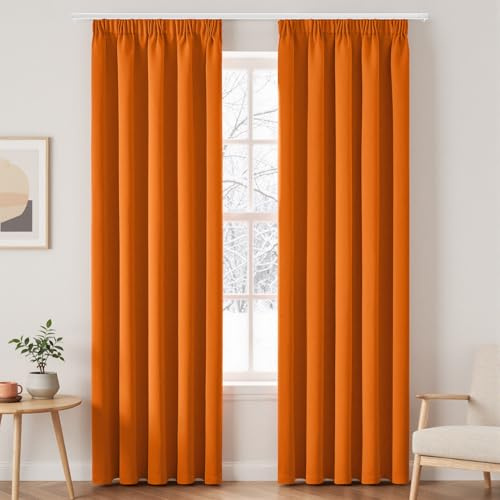 EMEMA Verdunklungsvorhänge mit Kräuselband 2er B140xH225cm Orange Gardinen | Blickdicht Vorhänge 225 cm Lang Thermovorhang 2er Set Verdunkelung für Schiene Gardinen für Wohnzimmer Schlafzimmer