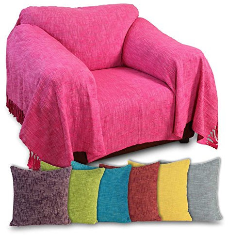 HOMESCAPES Nirvana Jeté de lit ou de canapé avec Frange Nouée à la Main de 225 x 255 cm 100% en Pur Coton Rose