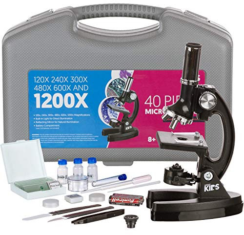AmScope M30-ABS-KT1 Beginner Microscope Kit, LED and Mirror Illumination, 300X, 600x, and 1200x Magnification, Includes 48-Piece Accessory Set And Case, Black