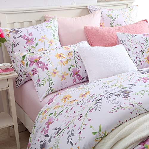 Brandream Garden Style Floral Duvet Cover Queen Size Set Pink Gray Green Branches Flower Leaf Print Duvet Cover Bedding Set Reversible Purple Bedding Collection 1 Duvet Cover with 2 Pillowcases