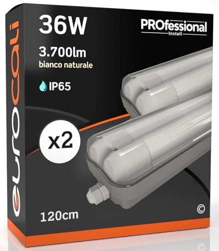 Eurocali 2x Plafoniera IP65 Impermeabile 36W Trasparente 3700 Lumen + 4 Tubi LED 120cm - Luce Bianco Naturale 4000K