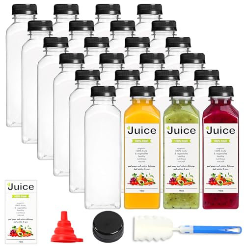 24 bottiglie vuote in plastica PET per succhi da 16 ml, riutilizzabili, trasparenti, usa e getta, con tappi neri per succhi, latte e altre bevande