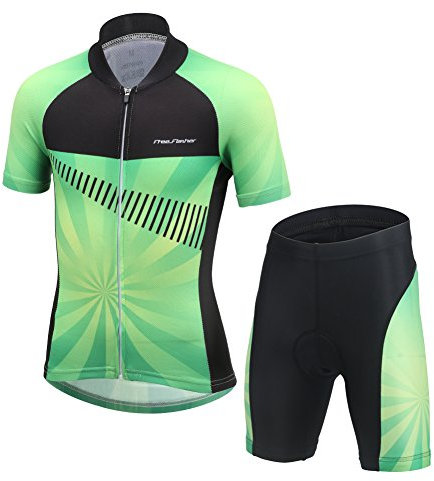 L PATTERN Kinder Radsport Bekleidung- Jungen/Mädchen Fahrrad Trikot-Set(Trikot Kurzarm+Kurz Radhose)/Radtrikot Kurzarm/Kurz Fahrradhose mit Sitzpolster, Farbverlauf grün, 146