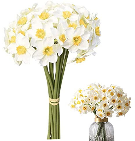 Hidyliu 6 Stück Künstliche Blumen, Latexstrauß Blumenarrangements, Gefälschte Narzissen Blumensträuße, DIY Blumenarrangements, Tischdeko, für Haus Garten Party Büro Dekoration (Weiß)