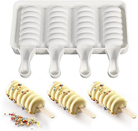 XiaoShenLu Molde Helado, Molde Helado Silicona con 50 Palos Madera, Moldes Paletas Chocolate, Molde Helados Magnum para Postre, Chocolate, DIY, 4 Agujeros círculos consecutivos