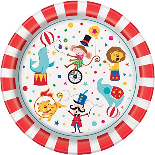 Unique Party- Assiettes en Carton Écologiques-23 cm-Fête à thème de Cirque de Carnaval-Paquet de 8, 72475EU, Multicolour