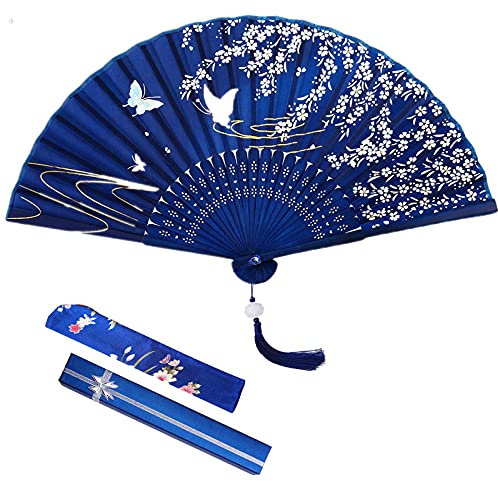 VEGCOO Silk Fabric Fan - Handheld Folding Fan With Lotus Pendant & Gift Box, Perfect for Party & Wedding Decoration (Blue)