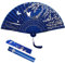 VEGCOO Silk Fabric Fan - Handheld Folding Fan With Lotus Pendant & Gift Box, Perfect for Party & Wedding Decoration (Blue)
