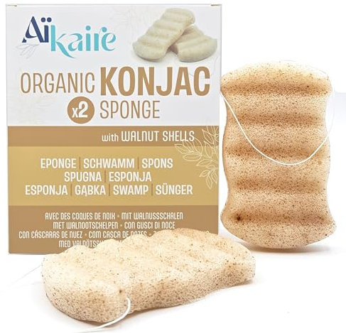 Esponja de Konjac orgánica exfoliante con cáscaras de nuez rota para el cuerpo | Juego de 2 esponjas corporales | Esponja vegetal limpiadora natural