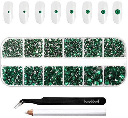 Beadsland Rhinestones for Makeup,8 Sizes 2500pcs Green Flatback Rhinestones Face Gems for Nails Crafts with Tweezers and Wax Pencil,Emerald,SS4-SS30