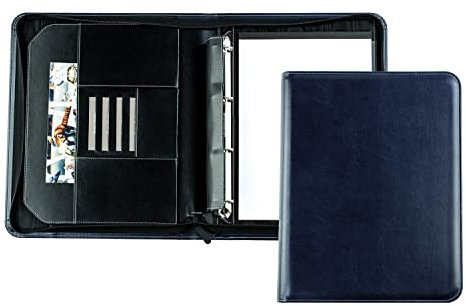 DELMON VARONE - Ringbuch-Ordner DIN A4 mit Reißverschluss inkl. Schreibblock veganem Eco Kunstleder Blau - handgefertigte Dokumenten-Mappe - Ring-Mappe für Dokumente, Urkunden & Akten (zum Abheften)