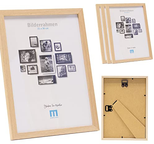 M MERCEO 4 Stk. Bilderrahmen A4 in natur aus MDF, minimalistisch & modern für Fotos & Bilder im DIN A4-Format. Inkl. Acrylglasschutz. Als Tisch-Aufsteller und für die Wand, Hochformat oder Querformat