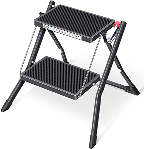 KINGRACK Sgabello pieghevole con superficie in gomma antiscivolo, leggero, in acciaio, può supportare fino a 150 kg di peso (2 tep-Nero)