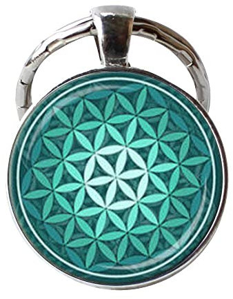 Porte-clés en forme de fleur de vie - Vert sarcelle - Porte-clés spirituel - Bijoux inspirants - Géométrie sacrée - Bijoux de méditation, 25, Acier allié Verre Argent