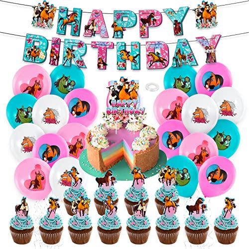 Thema Party Dekoration, 36 pcs Geburtstags Deko Set, Horse Geburtstag Luftballons Kit, Pferd Happy Birthday Banner Cake Toppers für Kinder Geburtstag Party deko