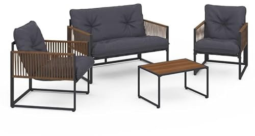IDMarket - Salon de Jardin Bas Rio 4 Places Structure métal Gris Anthracite, Cordage rotin et Coussins Gris