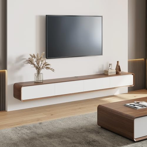 POVISON TV Schrank schwebend 240cm modern Weiß& Eichenoptik aus Massivholz mit 4 Schubladen, TV Lowboard hängend mit Kabelmanagement hochwertig, Komplettmöbel mit Stauraum für Wohnzimmer