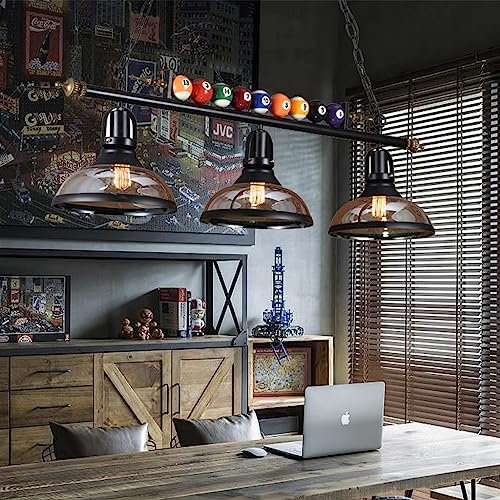 FWX E27 Vintage Hängeleuchte Retro Billard Industrielle Kronleuchter Eisen Glas Lampenschirm Billardzimmer Pendelleuchte Höhenverstellbare Restaurant Café Bar Loft Lampe Schlafzimmer Wohnzimmer Dekora