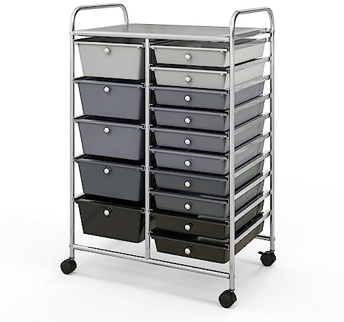 COSTWAY 15 Drawers Storage Trolley, Home Office Stationary Rolling Cart with 4 Wheels, Multipurpose Mobile Organiser Shelving Unit for Makeup Beauty Salon (Gradient Black with Silver Frame)
