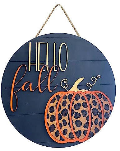 Herbst Willkommensschild für Haustür Hello Fall Kränze Türschild Holz zum Aufhängen Leopard Kürbis Outdoor Türkranz für Zuhause Bauernhaus Thanksgiving Türdekoration (Hallo Fall-Blau, Einheitsgröße)