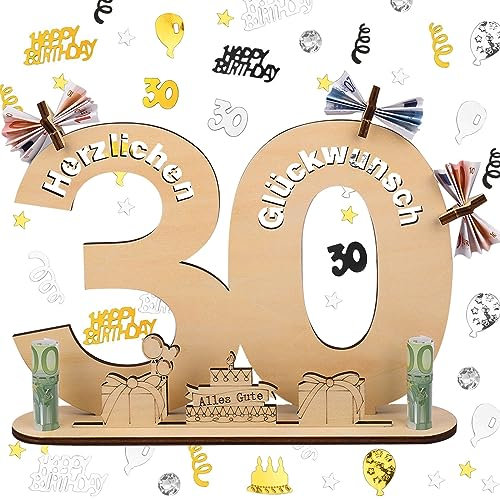 ERBO Holzschild Gästebuch, 30 Geburtstag Deko Konfetti Frau Mann, Gästebuch mit Ständer und 5 Holzpentagramme, Geldgeschenke Geburtstag, Geburtstagskarte, Geschenke Schild 30 Jahre Hochzeitstag