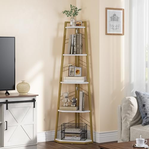 YITAHOME Corner Shelf 5 Tiers, Industrial Bookshelf Modern Floorstanding Corner Bookcase Ladder Shelf Wooden Open Display Shelving Unit for Living Room, Hallway, Home Office, Gold Book shelf
