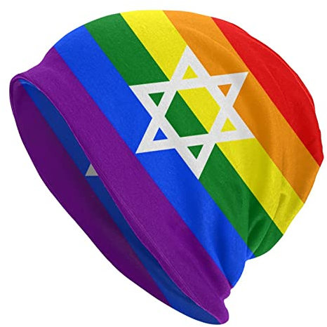 Oudrspo Israelische Gay-Flagge, LGBT 4, LGBT, Regenbogen-Flagge, Strickmütze, Mütze für Erwachsene, Stretch-Strick-Totenkopf-Mütze, Slouchy-Beanie im Freien für Damen und Herren