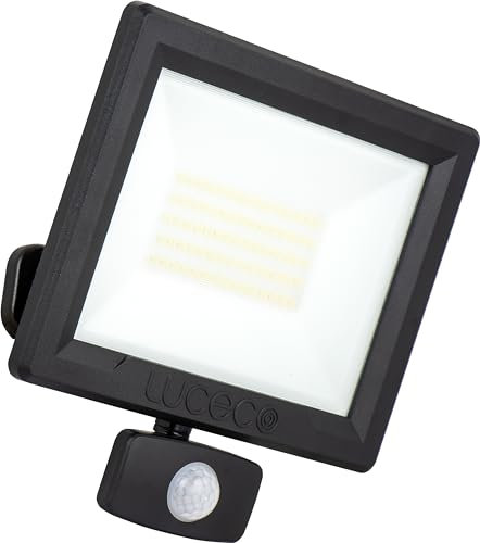 Luceco Outdoor Security LED Floodlight with PIR Motion Sensor for Driveways, Walkways and Gardens, Fit & Tilt Multi-Positioning, Exterior Lighting, Essence, Black, IP65, 50W, 5250lm, 4000K, EFLD50B40P