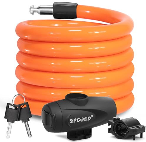 SPGOOD Antivol Velo Chaine 120cm/12mm,Serrure de câble de vélo de Classe de sécurité extrêmement élevée,Serrure de câble en Spirale avec Deux clés,Serrure de Cadenas velos,Tricycle,Moto(Orange)