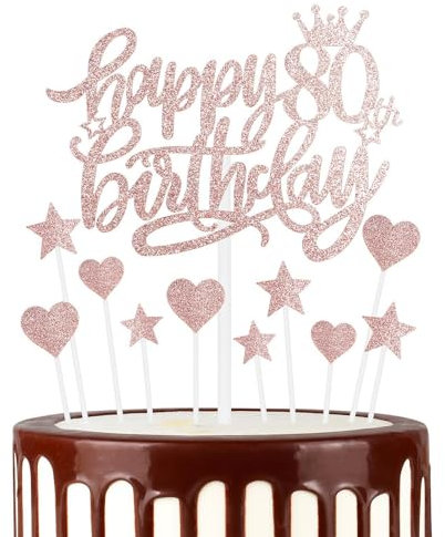 Happy 80th Birthday Cake Toppers, Rose Gold Cake Cupcake Toppers for Cake, Glitter Heart Stars Cake Toppers, Birthday Gift, Personalised Cake Toppers for Women Girls 80th Birthday Cake Decorations