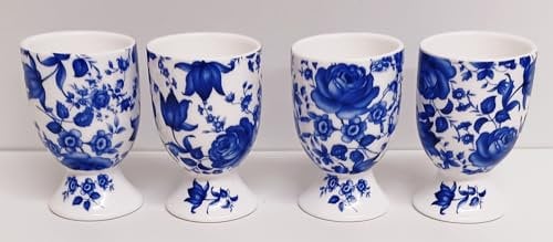Delft Blue Egg Cups Set of 4 fine Bone China Egg Server eggcup Egg Holders Blue Flowers Floral Hand Decorated UK