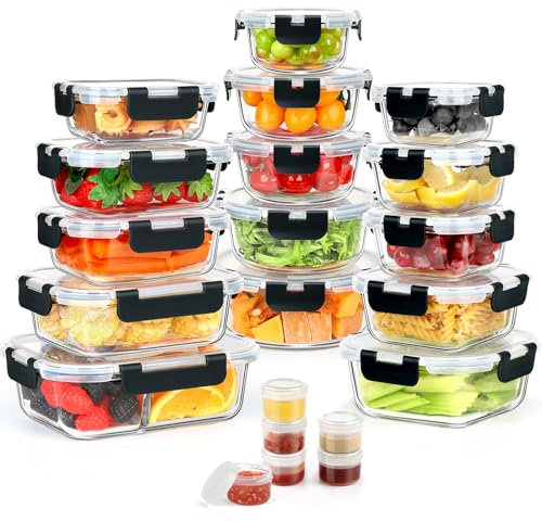 AMALEKO 42pcs Glass Food Storage Containers with Snap Locking Lids Set, Glass Meal Prep Containers (21 Container & 21 Lids),Leak Proof Lunch Containers BPA-Free,Black