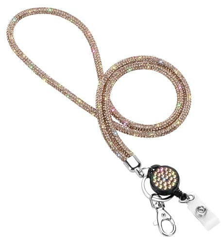 Soleebee Kartenhalter Trageband, Bling Strass Schlüsselband Lanyard mit Schlüsselring Kristall Halsband Damenkette Halskette Kit für Schlüsselanhänger ID-Kartenhalter (Champagner mit Ausweis JoJo)