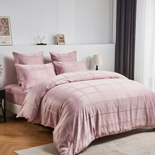 Luowei Parure de Lit 220x240cm Adulte Satin Rose Imprimé Parure Lit 2 Personnes Treillis Brillant Doux Soie Linge de Lit avec Fermeture Éclair et Taies d'oreiller 65x65cm