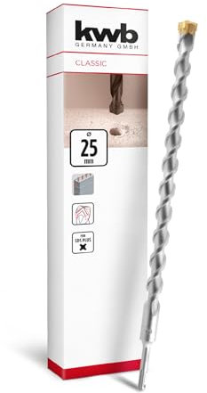 kwb SDS Plus Bohrer, SDS Plus Hammerbohrer (Ø 25 mm x 460/400 mm, mit extrem schneller Hartmetall 4X-Schneide, für armierten Beton, Stein & Mauerwerk)