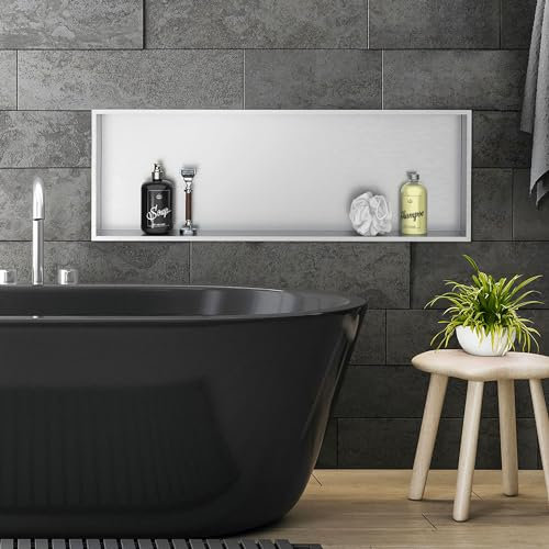 LuxeBath Niche de Douche Encastrée Murale, 90x30x10 cm, en Acier Inoxydable, Argent, Étanche, Étagère avec Cadre Salle de Bain, Encastrable, Seule Couche, Rangement Articles Toilette, Matériel Montage