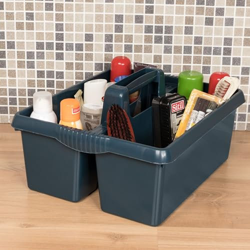 2x Tragbarer Organizer für Putzmittel 38x32x15 cm Dunkelblau Werkzeugträger Gartengerätekorb Schuhputzkasten - Putzkasten für Pferd Reinigungsmittel Putz Caddy Flaschenträger Putzbox Putzcaddy eckig