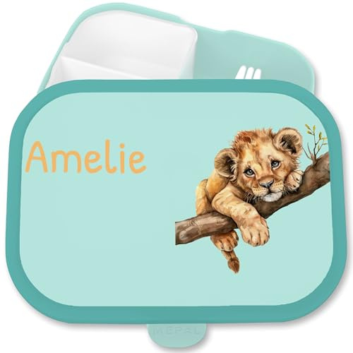 Shirtracer Mepal Brotdose Kinder personalisiert Löwenbaby auf Ast Name | Türkis, 750 ml, Einschulung, Schulanfang, Schultüte, Erstklässler, Schulkind, Savanne, mit Fächern, Snackbox, Campus, Schule