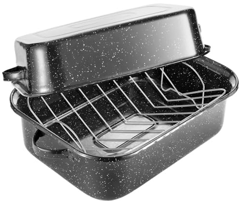 QPMR Roasting Pan with Rack, 21” Rectangular Granite Roaster Pan, 25lb Capacity, Large Roaster Pot for Baking Turkey with Versatile Lid