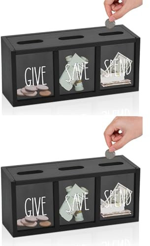 Xptieeck 2X Sparbox zum Verschenken und Ausgeben Aus für Kinder, Sparschwein für Kinder auf der Arbeitsplatte für Tägliches Bargeld, Wandmontierte Kinderbank in Schwarz