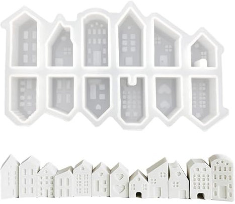 YEJAHY Lot de 12 mini moules en silicone pour maisons, maison de Noël, moule à mouler, pour travaux manuels, bougies, savon, plâtre, bricolage