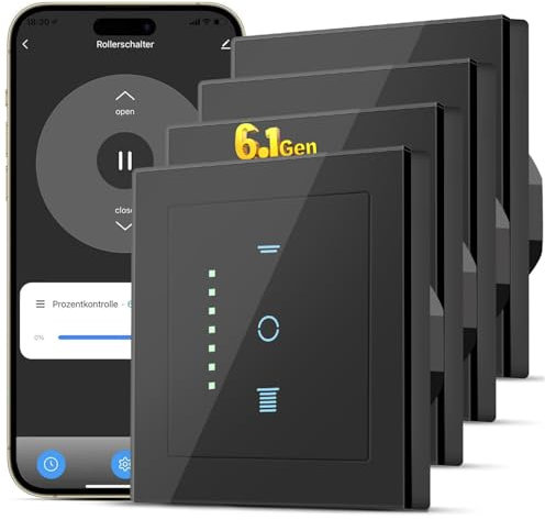 SMARTERCURRY Interruptor de persiana enrollable WLAN [6.1Gen], interruptor inteligente temporizador, seguridad para niños, control de persianas enrollables compatible Alexa/Google, 4 Piezas | Negro