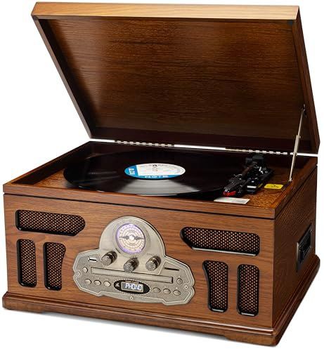 SoundBeast - Tocadiscos todo en uno con reproductor de grabación de 3 velocidades, Bluetooth, CD, cinta de cassette, radio AM/FM, USB, altavoces integrados, exterior de madera hecho a mano